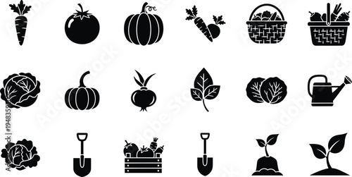 Black and white icons of gardening tools and vegetables