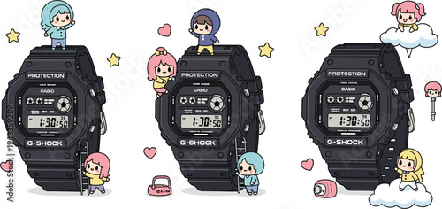 Kawaii G-Shock Watch Illustrations with Cute Characters, Stars, and Clouds for Trendy and Whimsical Designs