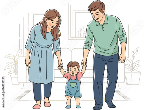 Parents gently help their happy baby take its very first steps indoors now.