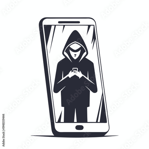 Hacker Silhouette Inside Smartphone Screen, Digital Cybercrime Concept