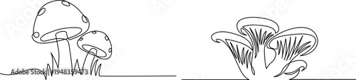 Minimalist continuous line art featuring two different types of mushrooms on a clean white background Vector