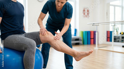 Faceless male patient sitting on exercise ball extending leg for knee examination by therapist in physical therapy clinic