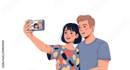 Young couple takes a joyful outdoor selfie together using modern mobile.