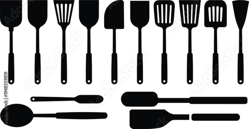 Kitchen utensil silhouette collection set featuring various spatulas turners and spoons isolated on white background vector illustration for cooking restaurant logo or bakery design