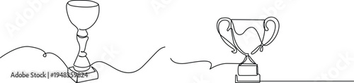 Minimalist continuous line art illustration featuring two distinct trophy cups on white background Vector