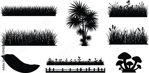 Black nature silhouette set with grass borders wild meadow plants palm tree and mushrooms isolated on white background for garden landscape vector graphic design