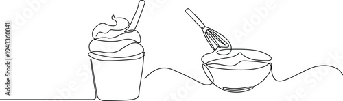 Minimalist continuous line drawing of a dessert cup and a mixing bowl with a wire whisk tool Vector