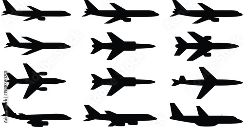 Large collection of airplane silhouettes featuring various commercial jets and aircraft types in top view and side view isolated on white background vector illustration for aviation travel and