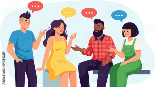 Four diverse young adults engage in animated conversation with speech.