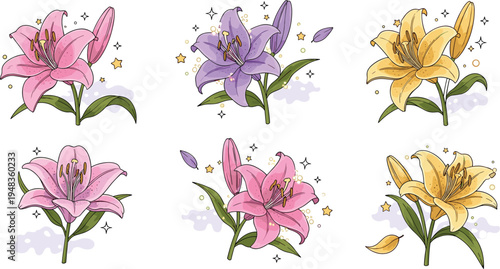 Magical Lily Flower Illustrations in Pink, Purple, and Yellow with Sparkles, Petals, and Soft Watercolor Backgrounds