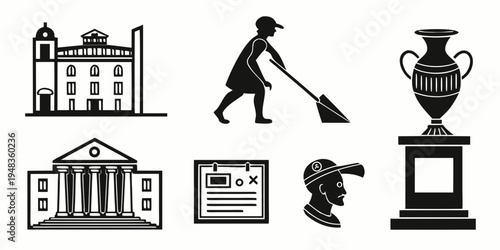 black and white icons of building, worker, trophy, government building, document, and bust Vector