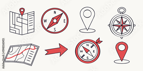 a set of navigation icons including a map and compass Vector