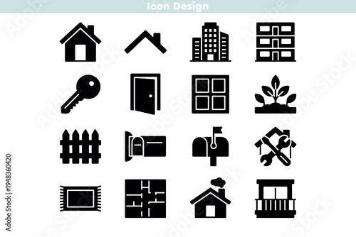 Set of icons including solid real estate and housing glyphs. Black silhouette symbols for apartment buildings, keys, floor plans, and home maintenance. Professional property vector design.