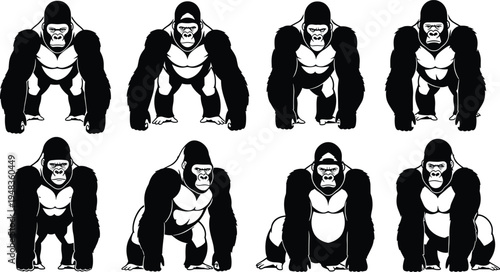 Collection of eight black and white gorilla vector illustrations featuring various powerful primate poses and silverback character silhouettes isolated on a clean white background
