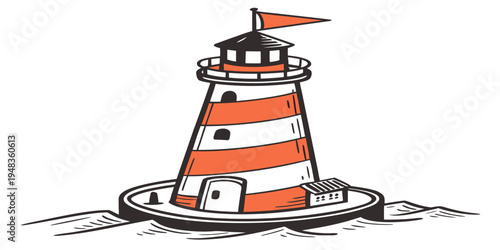 a cartoon lighthouse with an orange and white striped tower Vector