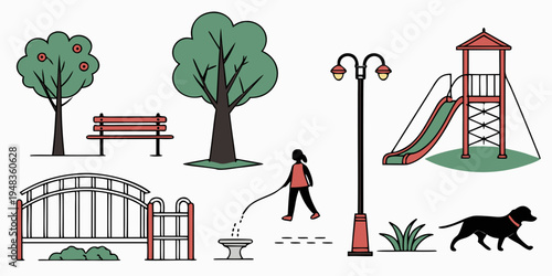 a woman walks her dog in a park Vector