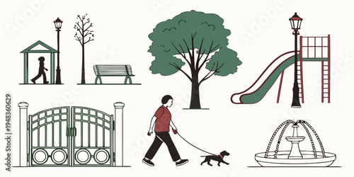 a set of park icons with a person walking a dog Vector