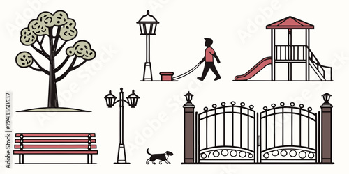 a set of park objects including a tree and a gate Vector