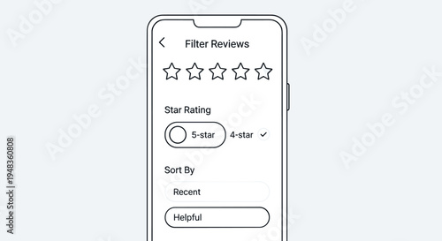 A white smartphone screen displays a Filter Reviews interface with star rating selections and sorting options for user feedback.