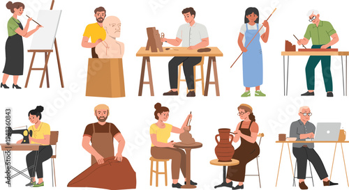 Creative people painting, sculpting, woodworking, sewing, pottery, leather crafting, digital art, handmade crafts, artistic hobbies, teamwork, colorful workspace, skillful artisans