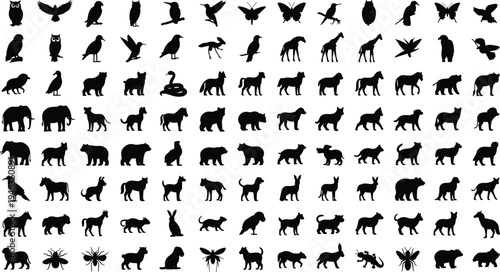 Large collection of black animal silhouettes with wild mammals birds insects and reptiles in various poses isolated on white background for nature vector design