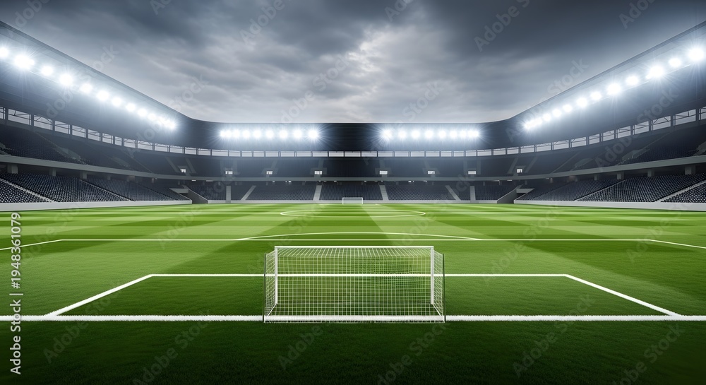 Fototapeta premium Illuminated soccer stadium arena with green field and goal