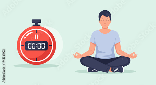 Man in meditation pose next to red digital stopwatch on light green background.