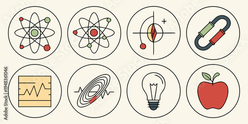Eight icons representing science and technology concepts Vector