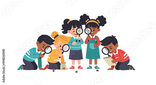 A diverse group of cheerful children enthusiastically observe and study various insects using magnifying glasses and a collecting jar.