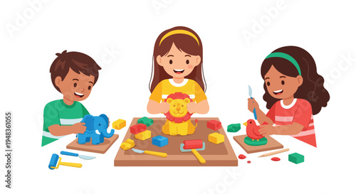 Three happy children, two girls and a boy, are engaged in a creative activity, sculpting colorful animals like an elephant, lion, and bird from modeling clay using various tools.