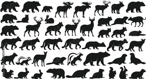 Mega collection of black wildlife vector silhouettes featuring bears moose deer wolves foxes rabbits and various forest animals isolated on a clean white background