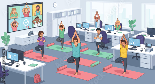 People perform yoga in office, others visible in video conference on screen.