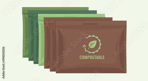 Five compostable pouches in green and brown hues are fanned with a leaf logo.