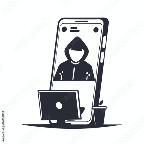 Hacker character using a smartphone, symbolizing digital intrusion and espionage