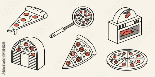 a set of pizza slices and a pizza box Vector