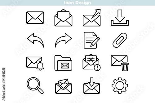 Set of icons for digital communication and email management. Outline symbols for inbox, newsletter, attachment, and notification alerts. Clean linear messaging interface set vector design.