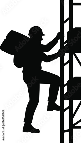 Construction worker silhouette climbing ladder with tool bag