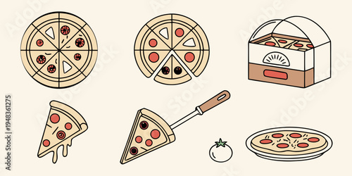a collection of pizza slices and a pizza box Vector