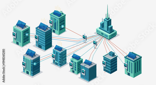 Nine modern buildings with solar panels and smart meters connect centrally.