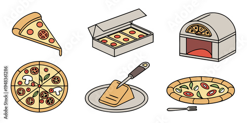 a collection of pizza related objects and food Vector