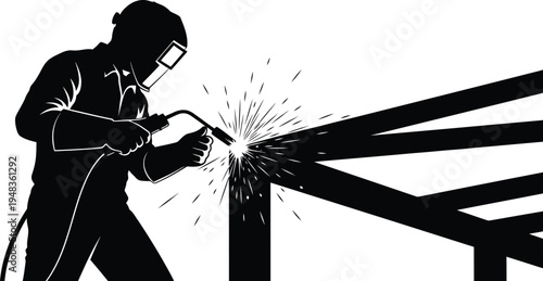 Construction worker silhouette welding steel beams on site