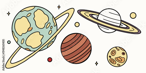 a group of cartoon planets and a moon in space Vector
