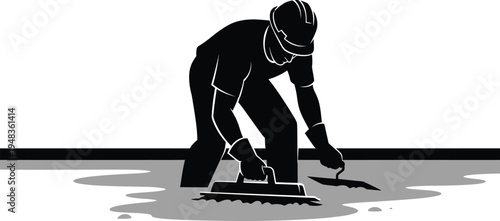 Construction worker silhouette applying sealant or coating to surface