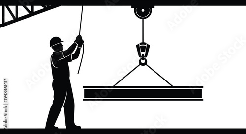 Construction worker silhouette operating crane to lift heavy load in industrial setting
