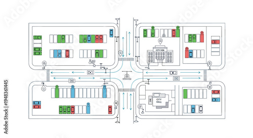 A top-down line-art map illustrates a city intersection with colored cars parked and moving on roads, marked with traffic flow arrows and building icons.