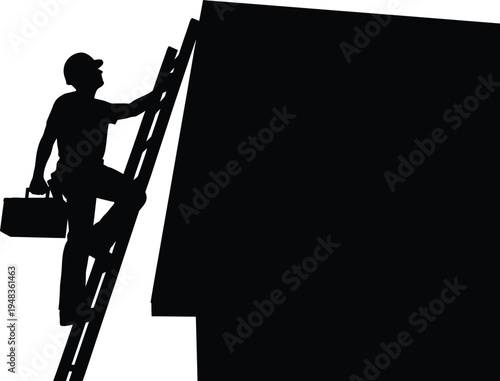 Construction worker silhouette climbing ladder with toolbox on building site