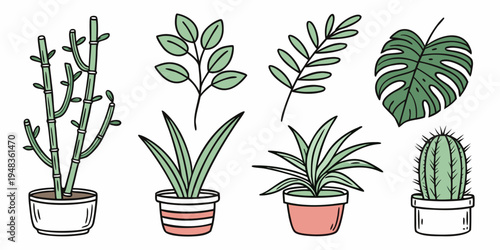 a collection of six potted plants on a white background Vector