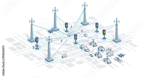 An isometric smart city network shows communication towers, traffic lights, and autonomous vehicles connected to a central cloud icon on a grid background.