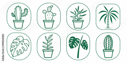 a collection of eight different potted plants Vector