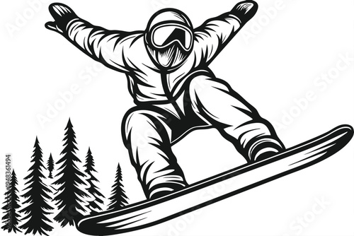 Snowboarder mid-air jump, dynamic silhouette against a white background, extreme sports action